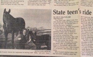 Newspaper clipping - State teen's ride clinched a national title - from the New Haven Journal-Courier, November 25, 1983 